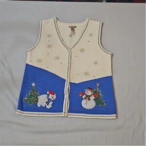 White Stag Christmas Holiday Polar Bear Snowman Sweater Vest sz L 12-14 Cream